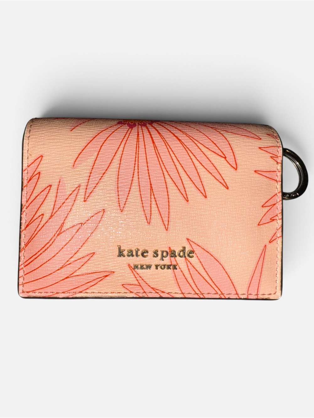 Kate Spade Floral Printed Leather ID Wallet Key Fob Coin Purse Pink Peach